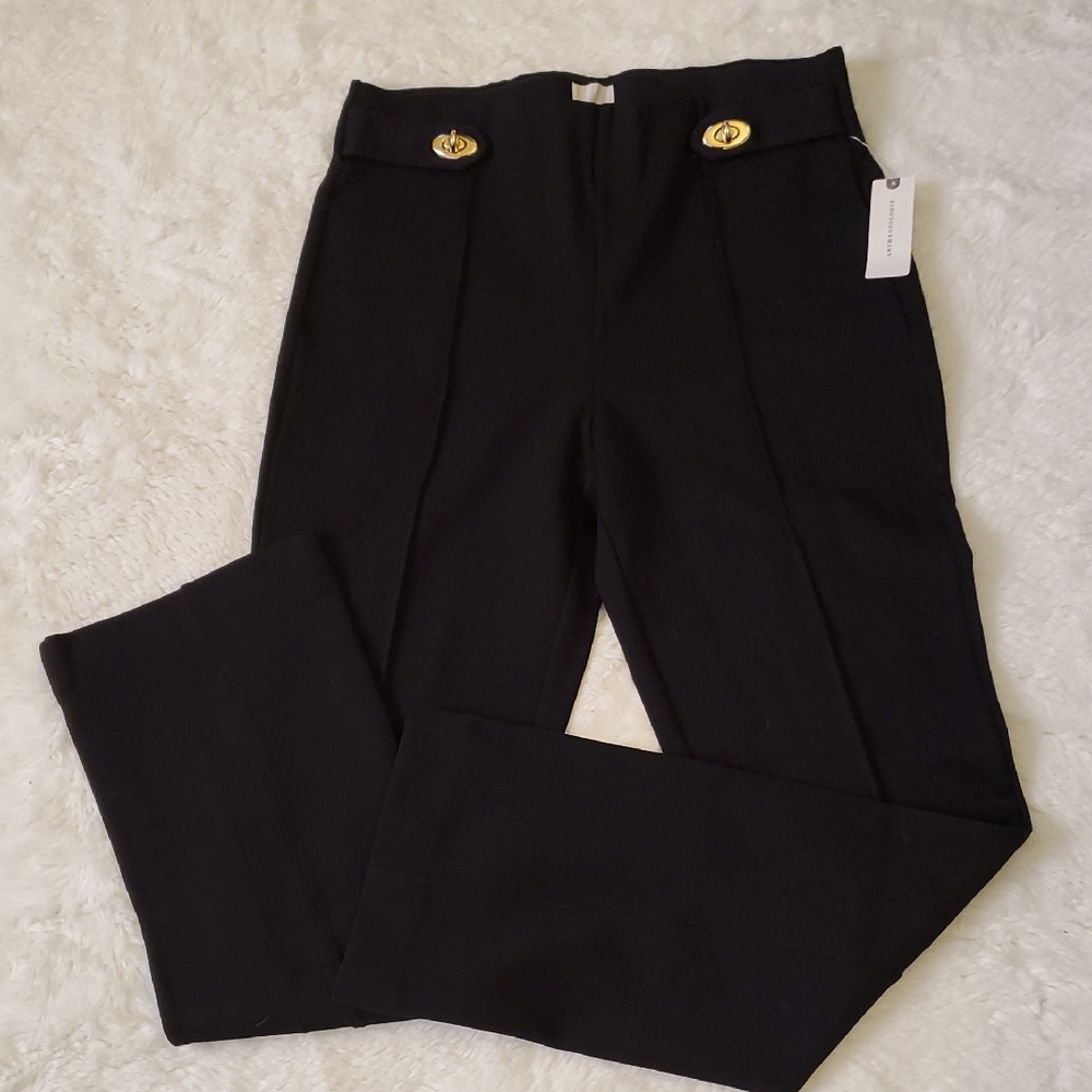Maeve Black Ponte Knit Pants with Gold Button Detail